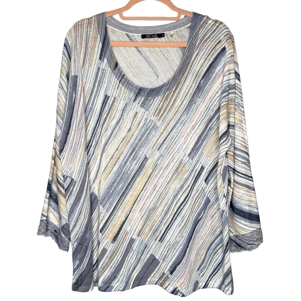 Nic + Zoe Sweater‎ XXL Linen Striped Knit Long Sleeve Lightweight Top Neutral